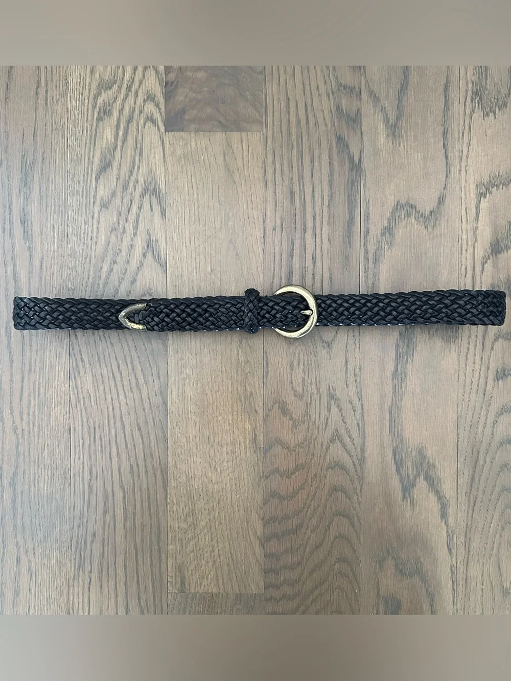 Vintage Talbots Narrow Braided Leather Belt Solid Brass Round Buckle Black Large